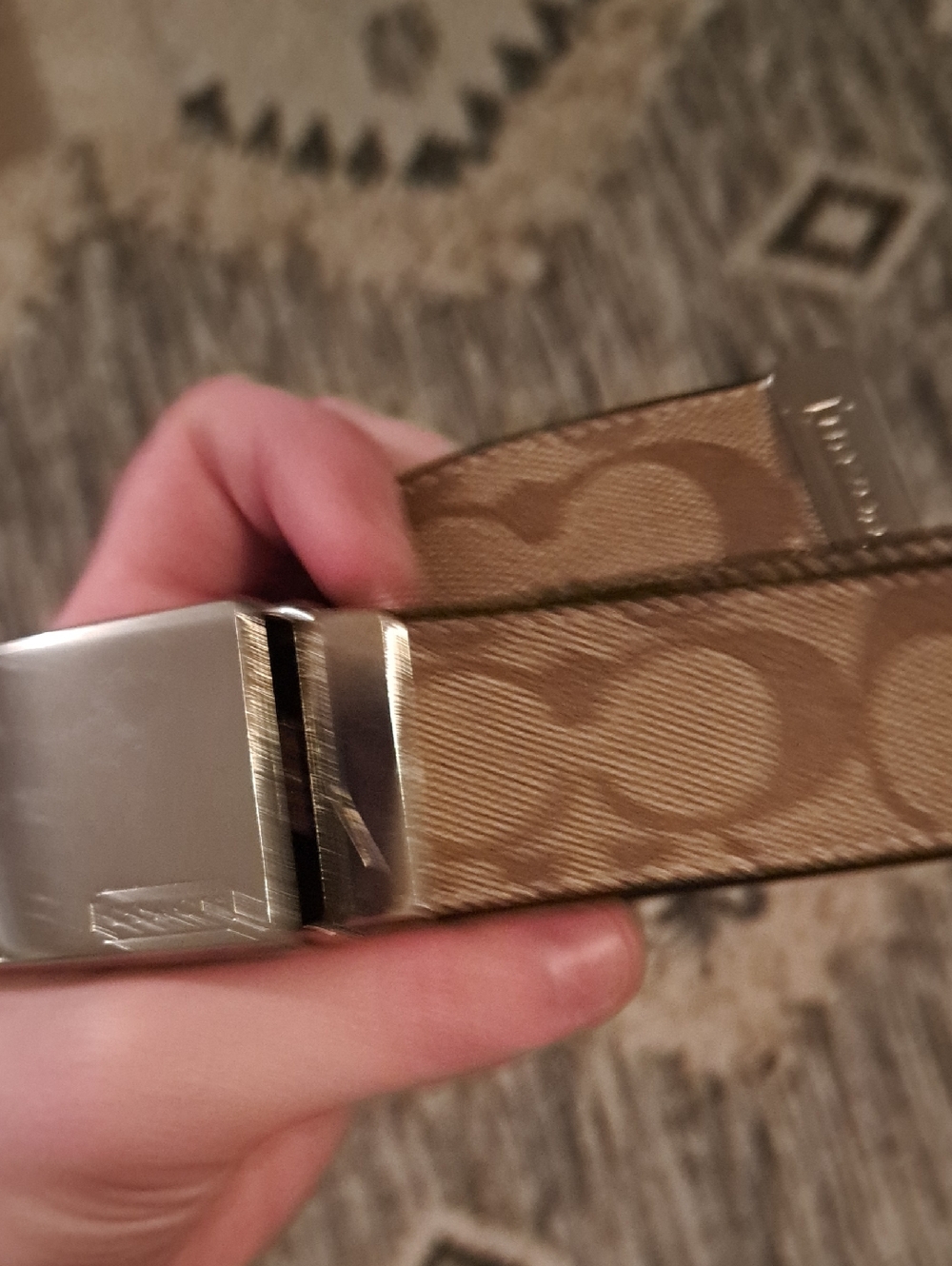 Coach Signature Canvas Men's Belt in Khaki Brown with Silver Buckle